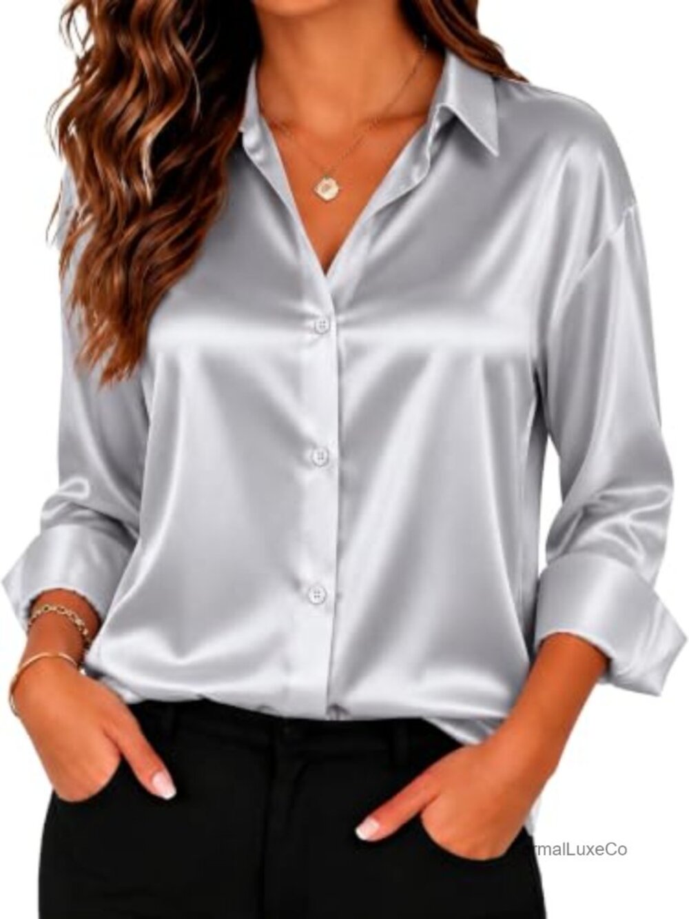 Satin Silk Button Down Shirt Long Sleeve V Neck Loose Blouse Work Tunic